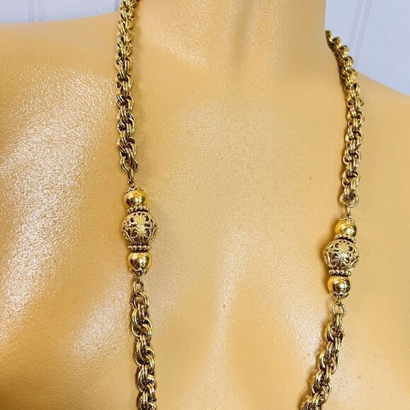 1928 Chunky Interlocking Chain Victorian Filigree Beads Gold Tone Necklace 1422 - Picture 9 of 11